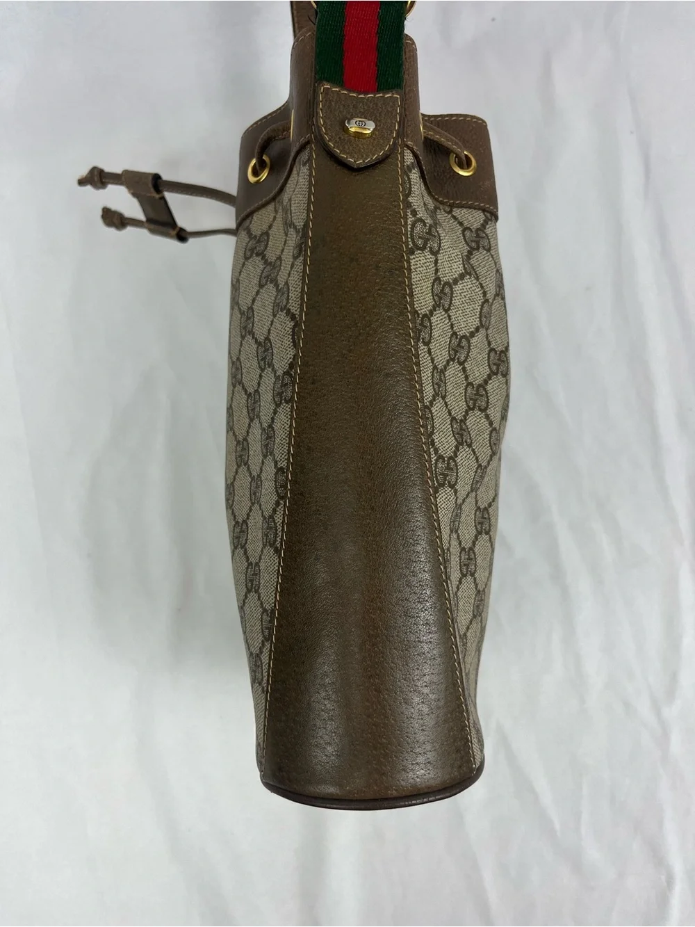 GUCCI Sherry Line Drawstring Shoulder Bag & Dustbag GG Brown Monogram VTG Italy - Picture 6 of 16